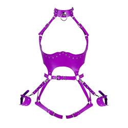 PETMHS Punk Leder Harness BH Gothic Rave Body Chain ganzer Körpergurt Taillenketten Nightclub Prom Body Chains Mode Belly Belts Body für Frauen Schwarz (Lila) von PETMHS