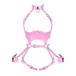 PETMHS Punk Leder Harness BH Gothic Rave Body Chain ganzer Körpergurt Taillenketten Nightclub Prom Body Chains Mode Belly Belts Body für Frauen Schwarz (rosa 25+83) von PETMHS