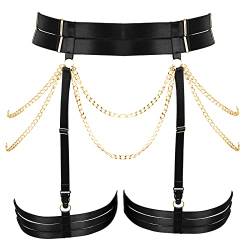 Punk Hüften Harness Taille Bein käfigbetten Geschirr Gotisch Oberschenkel Strumpfhalter Gürtel für Damen Rave Body Körperschmuck Clubwear Mode Belly Belts Outfit (Schwarzes Gold P123) von PETMHS