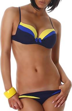 PF-Fashion Damen Push-Up Bikini Träger verstellbar Uni Slip Zierschleife Blau-Gelb 36/38 von PF-Fashion