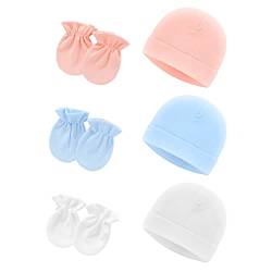 6 Kappen und Handschuhe für Neugeborene, schöne Baumwollmützen und Socken für Jungen und Mädchen von 0 bis 6 Monaten (Rosa, Hellblau, Weiß), blau von PFLYPF