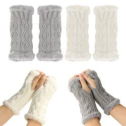 PFLYPF 2 paar fingerlose Damenhandschuhe, winterwarme Ärmel, Plüscharmwärmerärmel, kurze Strickhandschuhe, Wintersporthandschuhe, warm, weich und dick, für den Winter geeignet (weiß, grau) von PFLYPF