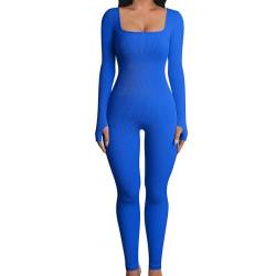 PHASZ Yoga-Jumpsuits für Damen, figurbetont, langärmelig, quadratischer Ausschnitt, Ganzkörper-Body für Damen, langärmeliger Strampler, blau, S von PHASZ