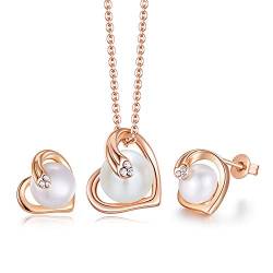 PHENIOTACE Perlenschmuck-Set Damen Perlen Ohrstecker Herz und Süßwasserperlen Herzförmige Kette Geschenk 01868 von PHENIOTACE