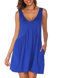 PHIZOI Damen Nachthemd V-Ausschnitt Nachtwäsche Plissiert Nachthemden Für Damen Sommer Kurz Locker Sleepshirt S-2XL(Royal Blue,Medium) von PHIZOI