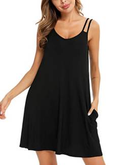 PHIZOI Nachthemd Damen Sommer Nachtwäsche Sexy Nachtkleid Kurz Schlafhemd Mit Taschen S-3XL(Black,Large) von PHIZOI