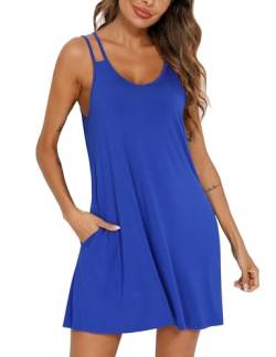 PHIZOI Nachthemd Damen Sommer Nachtwäsche Sexy Nachtkleid Kurz Schlafhemd Mit Taschen S-3XL(Royal Blue,3X-Large) von PHIZOI