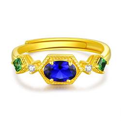 PHNIBIRD Damen Ring 925 Sterling Silber Ring Vintage Blau Gold Ring Verstellbar Ring Exquisite Geschenk Für Frauen Und Mädchen (B-Blau) von PHNIBIRD