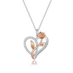 PHNIBIRD Halskette Damen 925 Sterling Silber Gravierte Herz Halskette Mit Doppelten Rosen Und Zirkonia Steinenein Geschenk Für Eine Dame (B) von PHNIBIRD