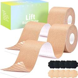 PHODIL 2er-Pack Brust Tape für Grosse Brüste,Boob Tape Push Up,Klebe BH Boobietape Wiederverwendbare Tape Brust Unter der Kleidung(Beige+Beige/3") von PHODIL