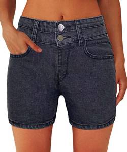 PHOENISING Damen Einfarbig Muster Denim Shorts Kurvige Mädchen Sommer Kurze Hose, Größe 6-20, Schwarz , 36 von PHOENISING