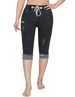 PHOENISING Damen Kordelzug Mode Cropped Leg Jeans Bequeme bestickte Hose, Schwarz , 40 von PHOENISING