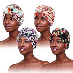 PHOGARY 4 Stück Turban für Damen, Verknotet Turban Damen Plissee Blumenmuster Turban Mütze Damen Kopfbedeckung Damen Kopftuch Damen Kopfwickel Turban für Damen Haarausfall Hut Chemo Kopfbedeckung von PHOGARY