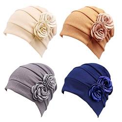 PHOGARY 4 Stücke Turban für Damen, Blume Turban Tuch Kopfbedeckung Damen Kopftuch Damen Sommer Turban Mütze Damen Chemo Kopfbedeckung Hut Für Haarverlust Chemo Mit Blume Baumwollmütze von PHOGARY