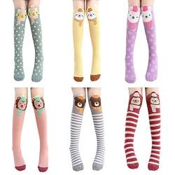 PHOGARY 6 Paar Kniestrümpfe für Mädchen 3-10 Jahre, Kinder Lustige Socken Baumwolle, Kindersocken Overknee, Tier Muster, Einheitsgröße 42cm von PHOGARY