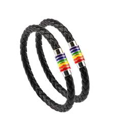 PHOGARY Gay Pride Armband Regenbogen Armband (2 Stück), Paar Schwarz Lederarmband Herren Damen LGBT Armreif mit Regenbogen gestreift Edelstahl Magnetverschluss 22cm von PHOGARY