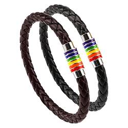 PHOGARY Gay Pride Armband Regenbogenarmband (2stk, schwarz, braun) Lederarmband für Paare, Herren, Damen, LGBT-Armreif mit Regenbogenstreifen aus Edelstahl mit Magnetverschluss, Edelstahl Kunstleder von PHOGARY