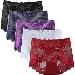 Pholeey 5 Pack Frauen Nahtlose Spitze Panties Hohe Taille Sexy Stickerei Transparent Schön Hüfte Weibliche Unterwäsche Atmungsaktiv - - Large von PHOLEEY