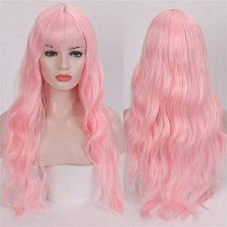 Perücken Haarperücke Lange Mischung Lila Damenperücken mit Pony Hitzebeständige Synthetische Kinky Curly Pink Green Perücken Kompatibel mit Afrikanischer Damenperücke Mode Perücken (Color : Pink, Si von PHONME