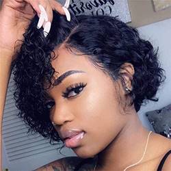 Perücken Haarperücke Pixie Cut Bob Lace Front Perücken 150% Lace Front Echthaarperücken Lockiges Echthaar Perücke Remy Lace Closure Perücke Pre gezupfte Perücke Mode Perücken (Color : 13x4 Frontal Wi von PHONME