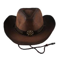 PIDUDU Cowboy-Strohhut, klassischer Filzhut mit breiter Krempe, Western-Stil und Cowgirl-Hut mit Schnalle, Damen und Herren, Kaffee, EinheitsgröÃŸe von PIDUDU