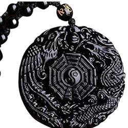 PIERRETOILES - Halskette Yin Yang Amulett, Anhänger TAO, Bagua, Trigramm, Drache und Phenix, Obsidian, Kristall, Obsidian von PIERRETOILES