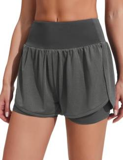 PINSPARK 2in1 Kurze Sporthose Damen Sport Shorts Sommer mit Radlerhose Running Yoga Jogging Beiläufige Elastisch Schnelltrocknende Shorts Dunkelgrau XL von PINSPARK