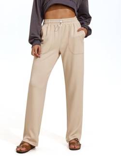 PINSPARK Damen Jogginghose Sweathose Lang Sporthose Aktive Freizeit Gerades Bein Kordelzug Lose Lounge Pants mit Taschen Hellbraun L von PINSPARK