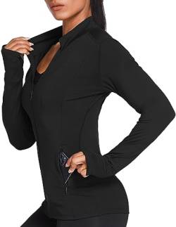 PINSPARK Damen Sportjacke Trainningsjack Langarm definieren Jacke Full Zip Fitness Yoga Langarmshirts Thermo Fleecejacke Warm Schwarz XXL von PINSPARK