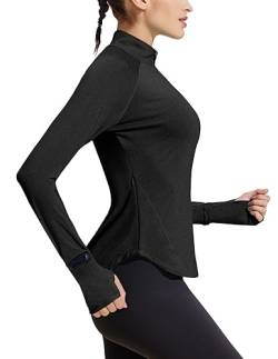 PINSPARK Damen Sportshirt Langarm Laufshirt Schnelltrocknend Activewear T-Shirts mit 1/4 Reißverschluss und Daumenloch Schwarz XL von PINSPARK