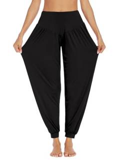 PINSPARK Damen Yogahose Lange Haremhose Laufhose Pilates Weiche Jogginghose Casual Pluderhose Pumphose Freizeithosen Elastisch Sporthose Schwarz L von PINSPARK