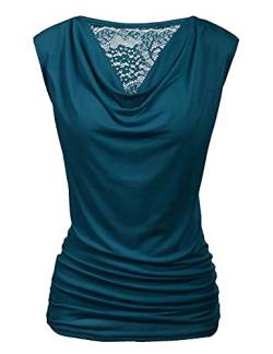 PINSPARK Elegante Oberteile Damen Rüschen Tops Kurzarm-T-Shirt V-Ausschnitt Spitzen Bluse Stretch Tunika Wasserfallshirt Blaugrün M von PINSPARK