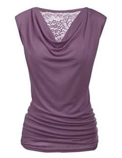 PINSPARK Elegante Oberteile Damen Rüschen Tops Kurzarm-T-Shirt V-Ausschnitt Spitzen Bluse Stretch Tunika Wasserfallshirt Lavendel L von PINSPARK