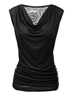 PINSPARK Elegante Oberteile Damen Rüschen Tops Kurzarm-T-Shirt V-Ausschnitt Spitzen Bluse Stretch Tunika Wasserfallshirt Schwarz XXL von PINSPARK