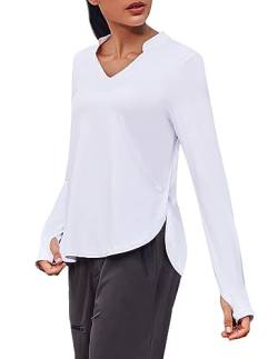 PINSPARK Langarm Shirts Damen Sport Oberteile Funktionsshirt Schnelltrockend Atmungsaktiv mit Daumenloch Athletisch Lässig Laufshirt Weiß XL von PINSPARK