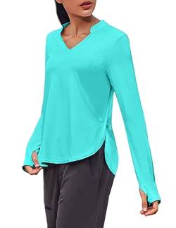 PINSPARK Langarm Sportshirt Damen UPF 50+ Sonnenschutz Laufshirt V-Ausschnitt Sun Shirt Keramikgrün S von PINSPARK