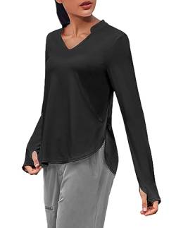 PINSPARK Langarm Sportshirt Damen UPF 50+ Sonnenschutz Laufshirt V-Ausschnitt Sun Shirt Schwarz S von PINSPARK