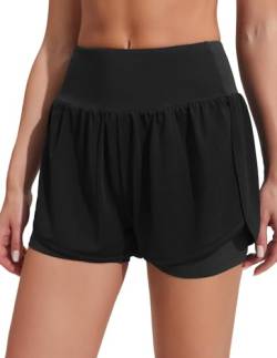 PINSPARK Shorts Damen Sommer Sport Shorts Kurze Hosen 2 in 1 Laufshorts Fitness Sporthose High Waisted Blickdicht Radlerhose mit Taschen Leggings Schwarz XXL von PINSPARK