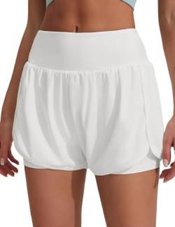 PINSPARK Sporthose Damen Kurz Sommer Laufhose High Waist 2 in 1 mit Tasche Schnell Trocknend Gym Running Fitness Hotpants Weiß L von PINSPARK