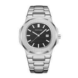 PINTIME Modische Business-Uhren für Herren, Edelstahl, Quarz, analog, Luxusmarke, leuchtend, achteckig, klassische Armbanduhren, silber, schwarz von PINTIME