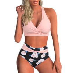 Bikini Damen Bauchweg Große Brüste Badeanzug High Waist Push Up Bikinis für Damen V Ausschnitt Blumenmuster Bademode Bauchkontrolle Zweiteilige Bademode Swimsuit Badeanzug Strand Ties Zweiteiliger von PINTUTU