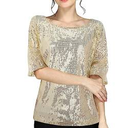 Glitzer Oberteile Damen Party Pailletten Langarm Glitzer Festlich T-Shirt Pailletten Silber Tunika Elegant Langarm Wedding Spitze Langarmshirt Bluse Glitzertop Damenbluse Rock von PINTUTU