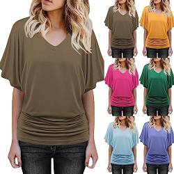 PINTUTU Damen Fledermaus Batwing Chiffonbluse Tunika T-Shirt Top Bluse Kurzarm V-Ausschnitt Sommer Loose Fit Hemd Kurz Fledermausärmel Oversize Sommer Oberteile von PINTUTU