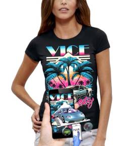 PIXEL EVOLUTION T-Shirt Vice City – Miami Style – T-Shirt 3D in Realität erweitert Damen, Schwarz , Large von PIXEL EVOLUTION