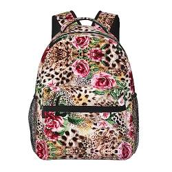 Animal Paw Prints bedruckte große Kapazität Schultern Büchertasche, Arbeitstasche, Laptop-Rucksack, lässige Reisetasche für Herren und Damen, Tier Tiger Leopard Print Rose Blume, Einheitsgröße von PIXOLE