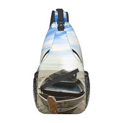 Umhängetasche, Schultertasche, Sterne, Totenkopf-Druck, Blau gestreift, Schultertasche, Brusttasche, Tagesrucksack für Damen und Herren, Reisen und Wandern, Boot Strand Sonnenaufgang Zeit, Einheitsgröße von PIXOLE