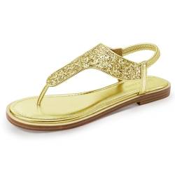 PIZZ ANNU Flache Sandalen Damen Flip Flops Flach Schuhe Sandaletten Sommer Freizeit Zehentrenner mit Glitzer Dekoration Gold 37.5 EU Schmal von PIZZ ANNU