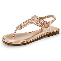 PIZZ ANNU Flache Sandalen Damen Flip Flops Flach Schuhe Sandaletten Sommer Freizeit Zehentrenner mit Glitzer Dekoration Roségold 37 EU Schmal von PIZZ ANNU