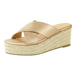 PIZZ ANNU Sandalen Damen Espadrilles Plateau Keilabsatz Frauen Keilsandalen Sandaletten Hausschuhe Pantoletten Elegant Sommer Schuhe Champagner EU 38 von PIZZ ANNU