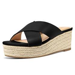 PIZZ ANNU Sandalen Damen Espadrilles Plateau Keilabsatz Frauen Keilsandalen Sandaletten Hausschuhe Pantoletten Elegant Sommer Schuhe Schwarz EU 36 von PIZZ ANNU